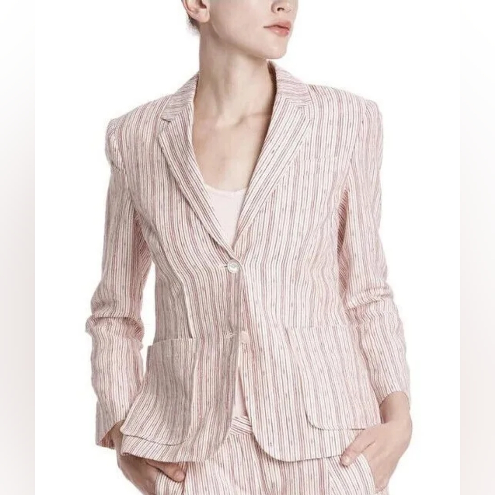 ATM Anthony Thomas Melillo Textured Linen Pink White Striped Schoolboy Blazer 12